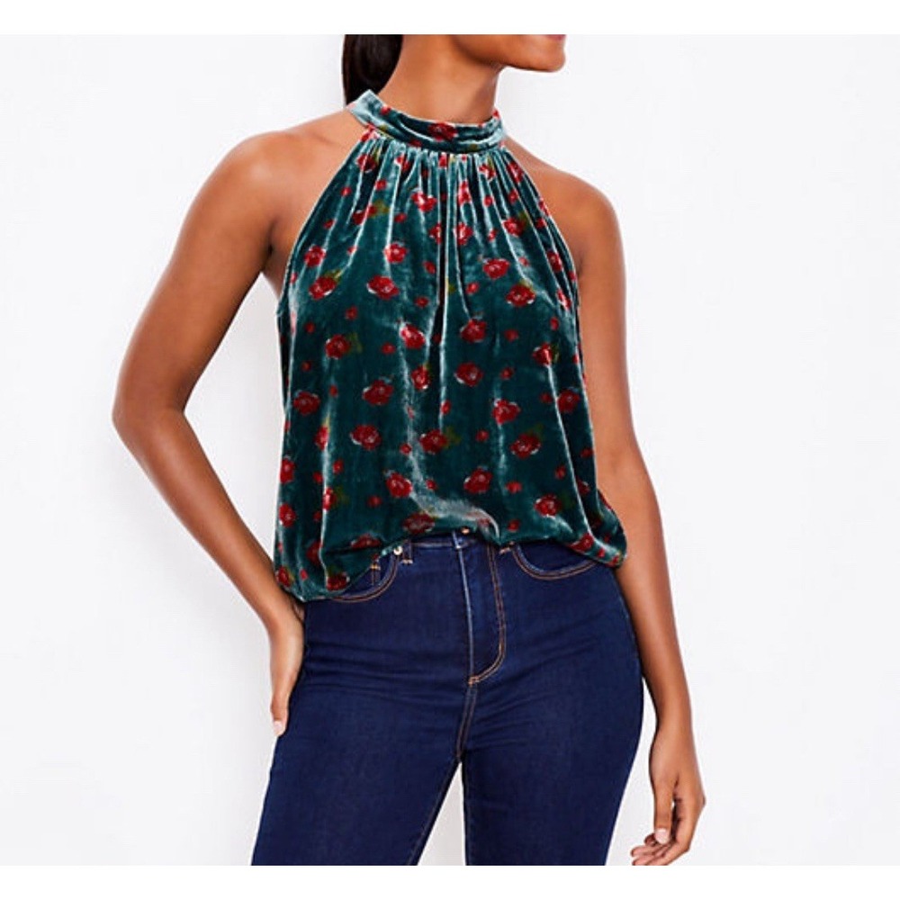 Loft Halter Top Women Sz XS‎ Green Red Roses Velvet Whimsigoth Festival Boho